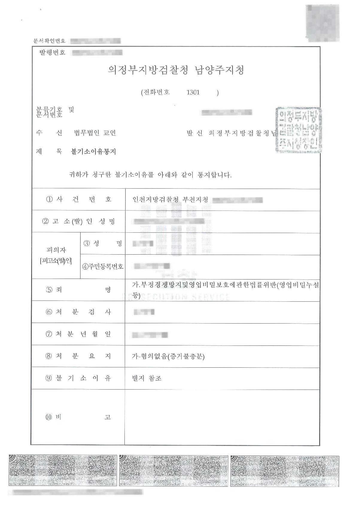 레시피 유출을 이유로 한 영업비밀 침해 고소에 대하여 혐의없음 처분을 이끌어 낸 사례